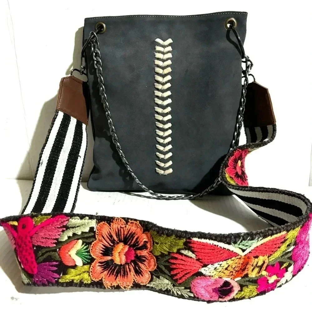 Zulia & Huipa grey blue crossbody suede leather handbag with embroidery